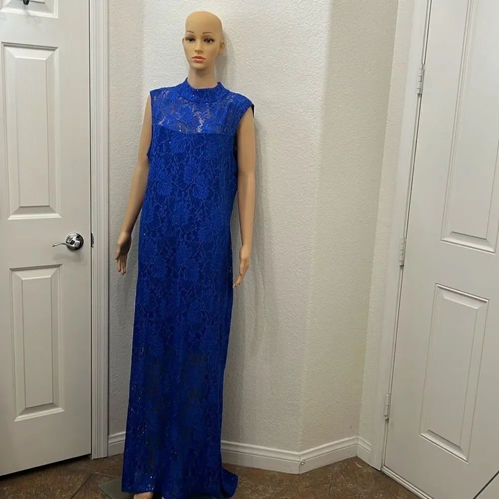 Marina Dress Sz 20 Royal Ultramarine Blue Floral Lace Sequins Sleeveless Stretch